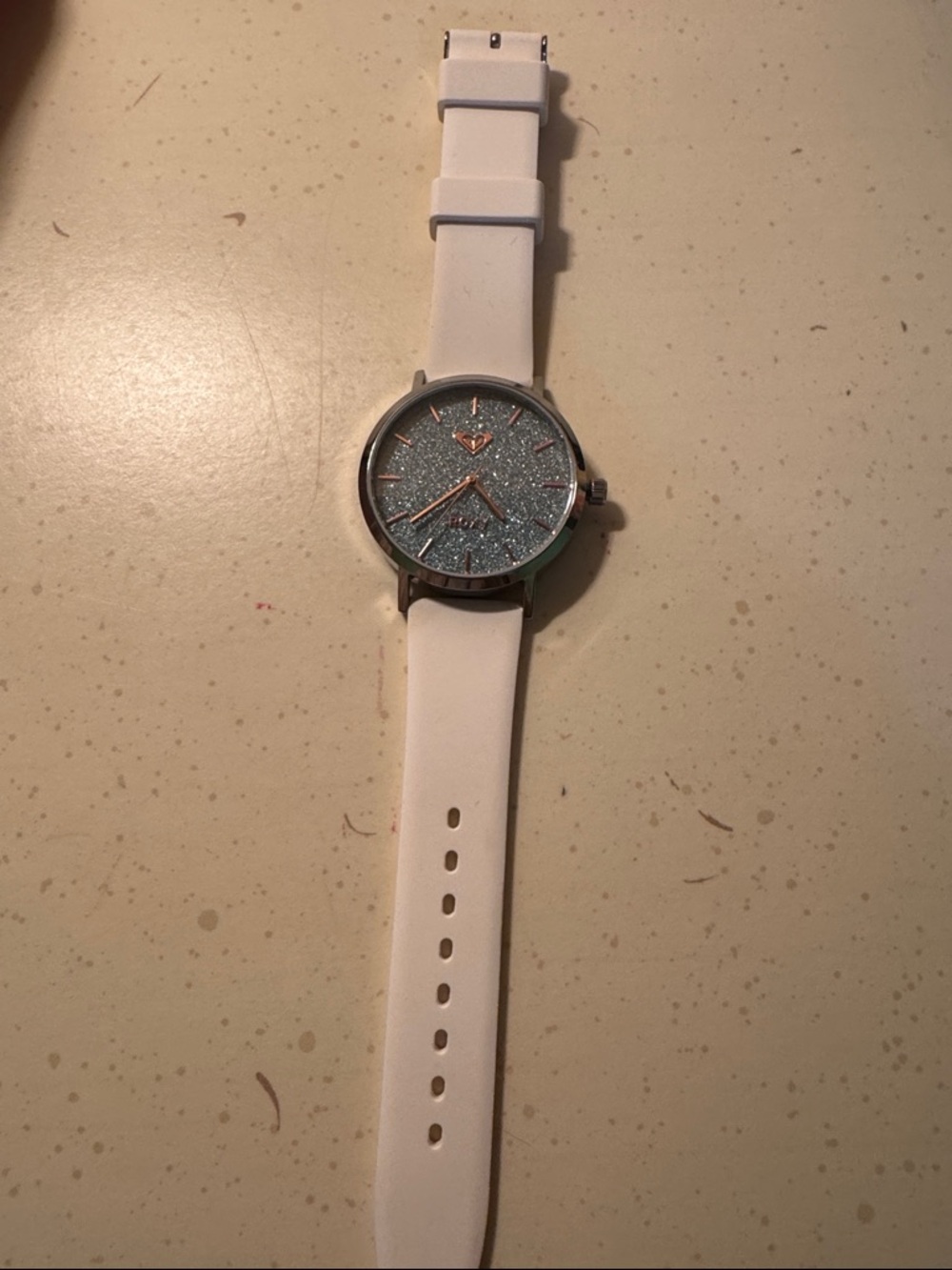 Roxy “The Royal” Watch- White Silicone Band with Blue Glitter Face